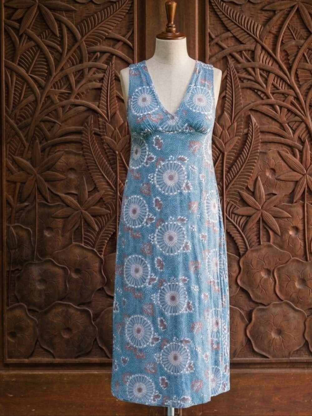 VTG Sleeveless Blue Print  Women’s Dress From Hawaii Linen Blend Size Medium